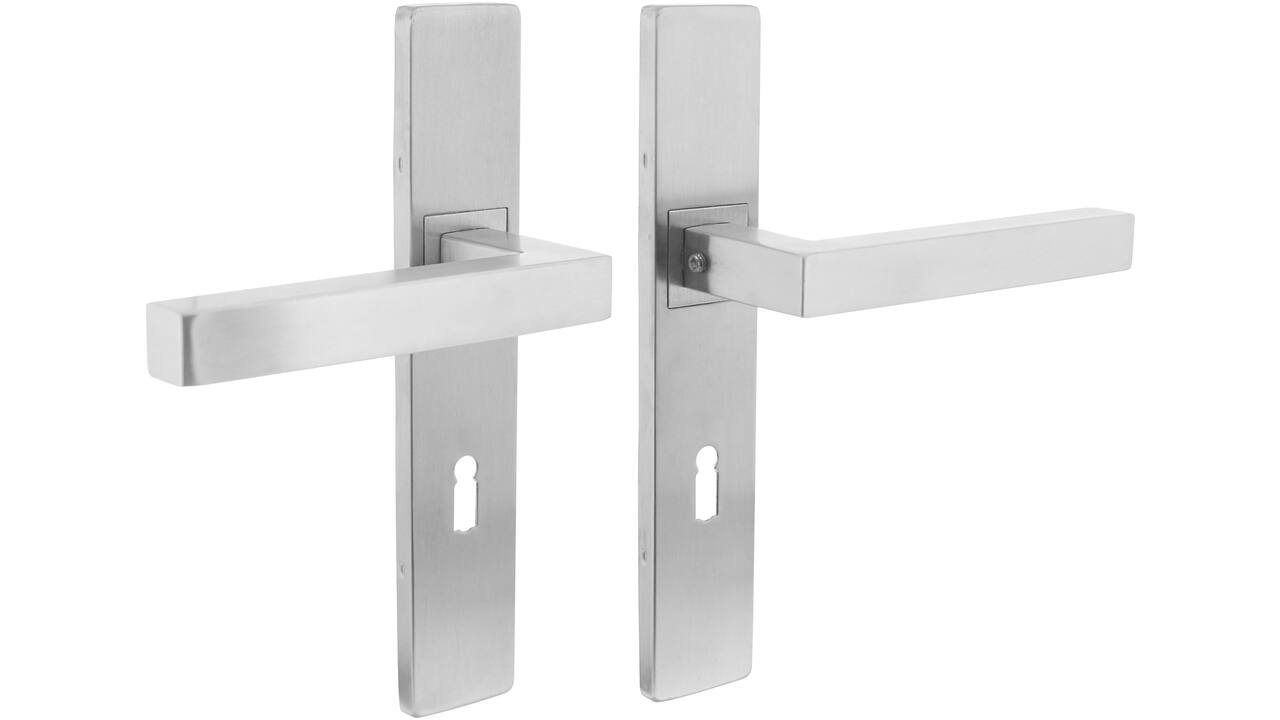 Deurkruk Vierkant op schild verdekt rechthoekig 219x40mm met nokken sleutelgat 72mm rvs EN1906/4