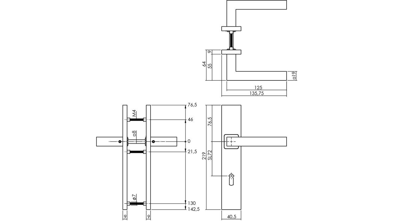 Deurkruk Vierkant op schild verdekt rechthoekig 219x40mm met nokken sleutelgat 72mm rvs EN1906/4