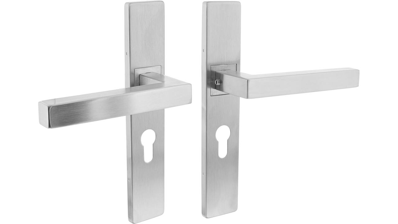 Deurkruk Vierkant op schild verdekt rechthoekig 219x40mm met nokken profielcilindergat 55mm rvs EN1906/4