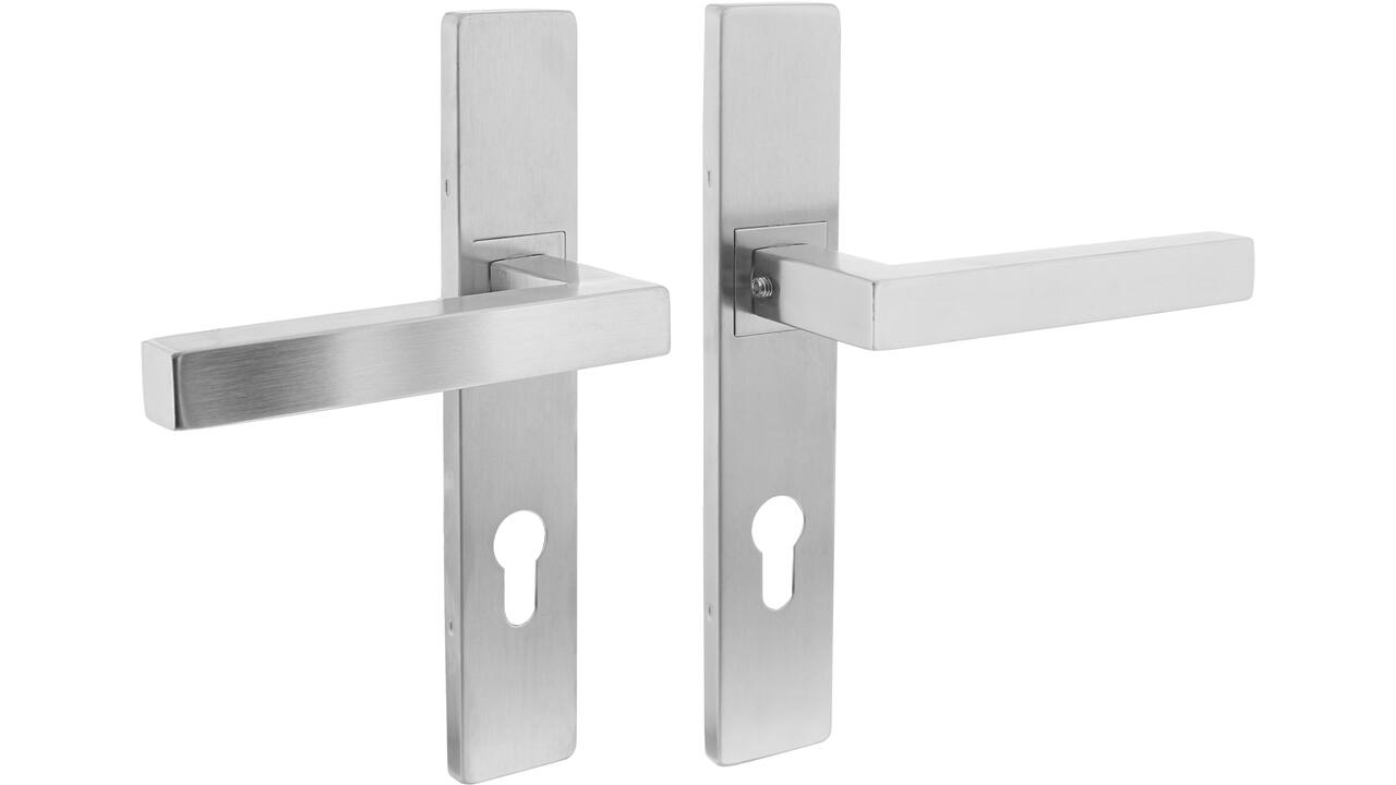 Deurkruk Vierkant op schild verdekt rechthoekig 219x40mm met nokken profielcilindergat 72mm rvs EN1906/4