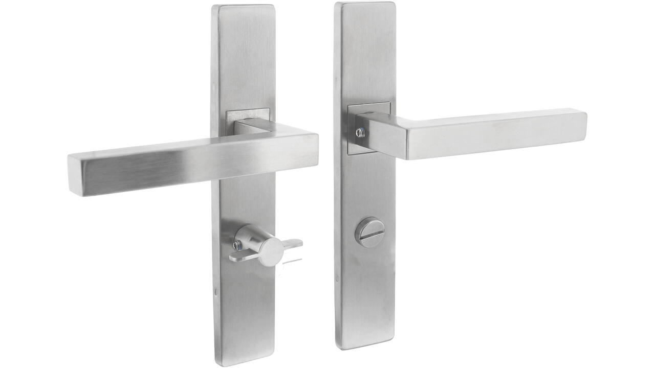 Deurkruk Vierkant op schild verdekt rechthoekig 219x40mm met nokken wc 63/8mm rvs EN1906/4