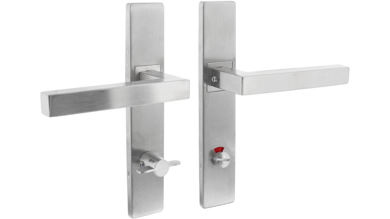 Deurkruk Vierkant op schild verdekt rechthoekig 219x40mm met nokken wc 72/8mm rvs EN1906/4