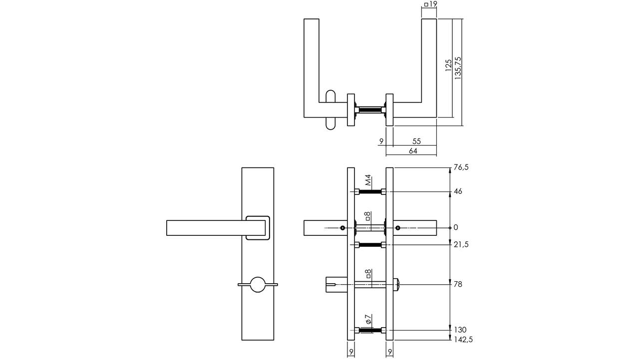 Deurkruk Vierkant op schild verdekt rechthoekig 219x40mm met nokken wc 78/8mm rvs EN1906/4