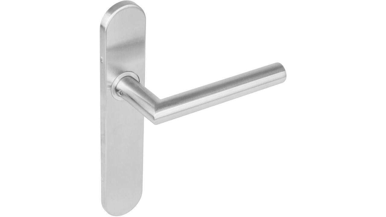 Deurkruk Jura op schild verdekt ovaal met groot krukgat 219x40mm met nokken blind rvs EN1906/4