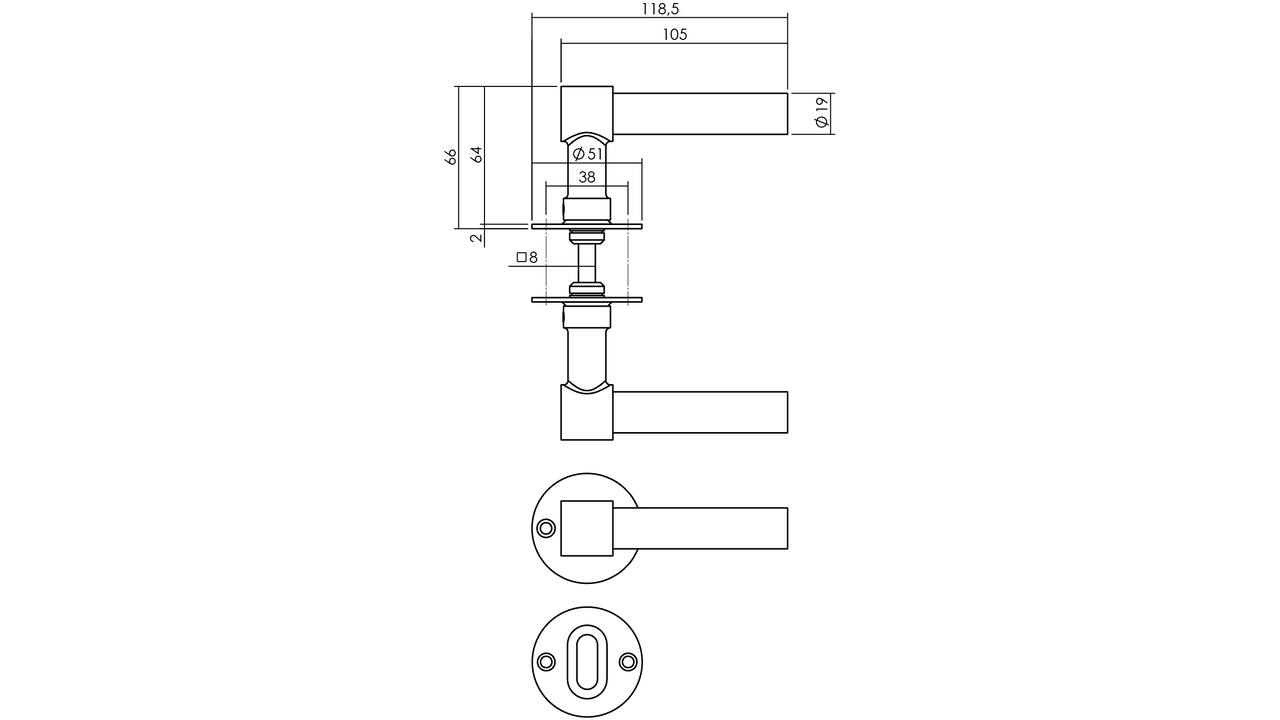 Deurkruk L/L recht met rozet Ø51x2mm en WC-sluiting met stift 8x8mm rvs