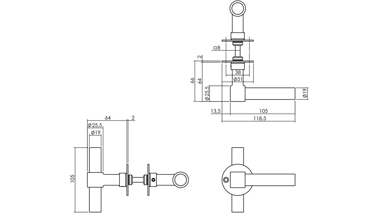 Deurkruk L/T recht met rozet Ø51x2mm rvs