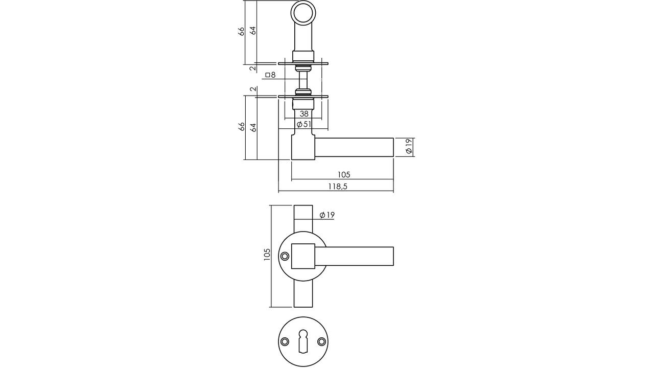 Deurkruk L/T recht met rozet Ø51x2mm en sleutelrozetten rvs