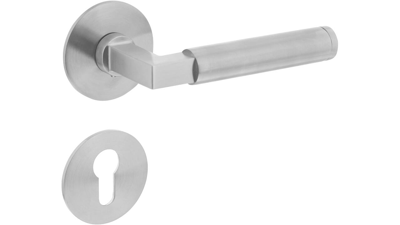 Deurkruk Baustil op rozet verdekt met magneet ø55x3mm met nokken en cilinderrozetten rvs