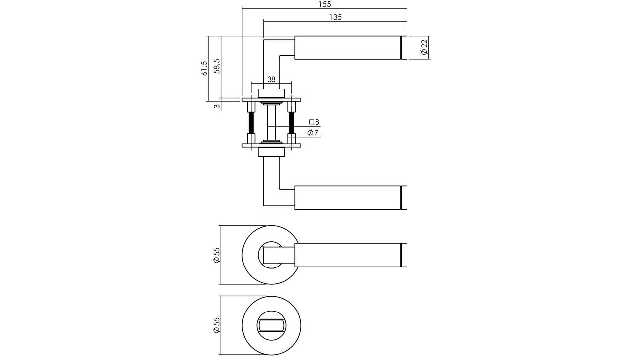 Deurkruk Baustil op rozet verdekt met magneet ø55x3mm met nokken en WC-sluiting met stift 8x8mm rvs