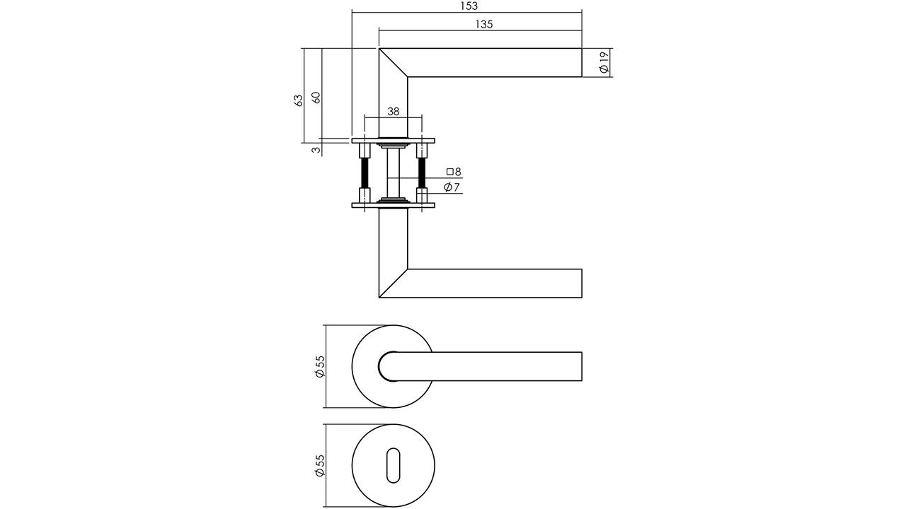 Deurkruk Jura op rozet verdekt met magneet ø55x3mm met nokken en sleutelrozetten rvs