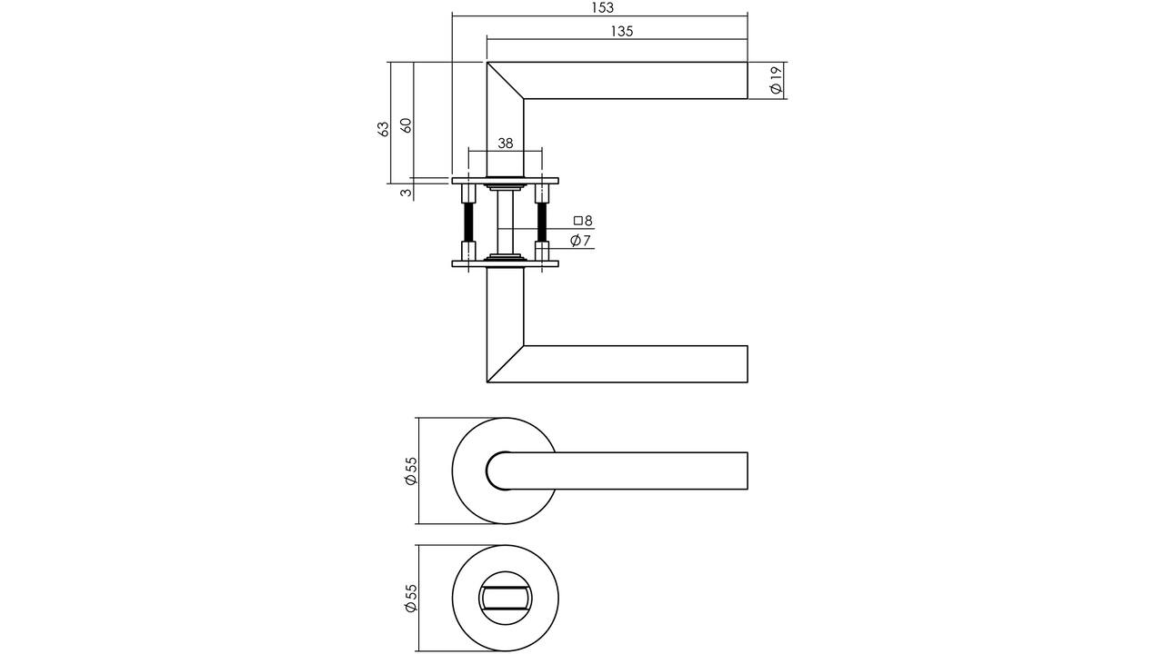 Deurkruk Jura op rozet verdekt met magneet ø55x3mm met nokken en WC-sluiting met stift 8x8mm rvs