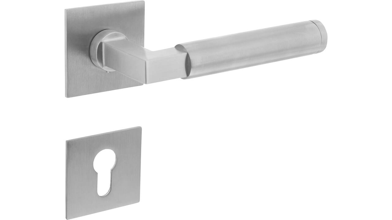 Deurkruk Baustil op rozet verdekt met magneet 55x55x3mm met nokken en cilinderrozetten rvs