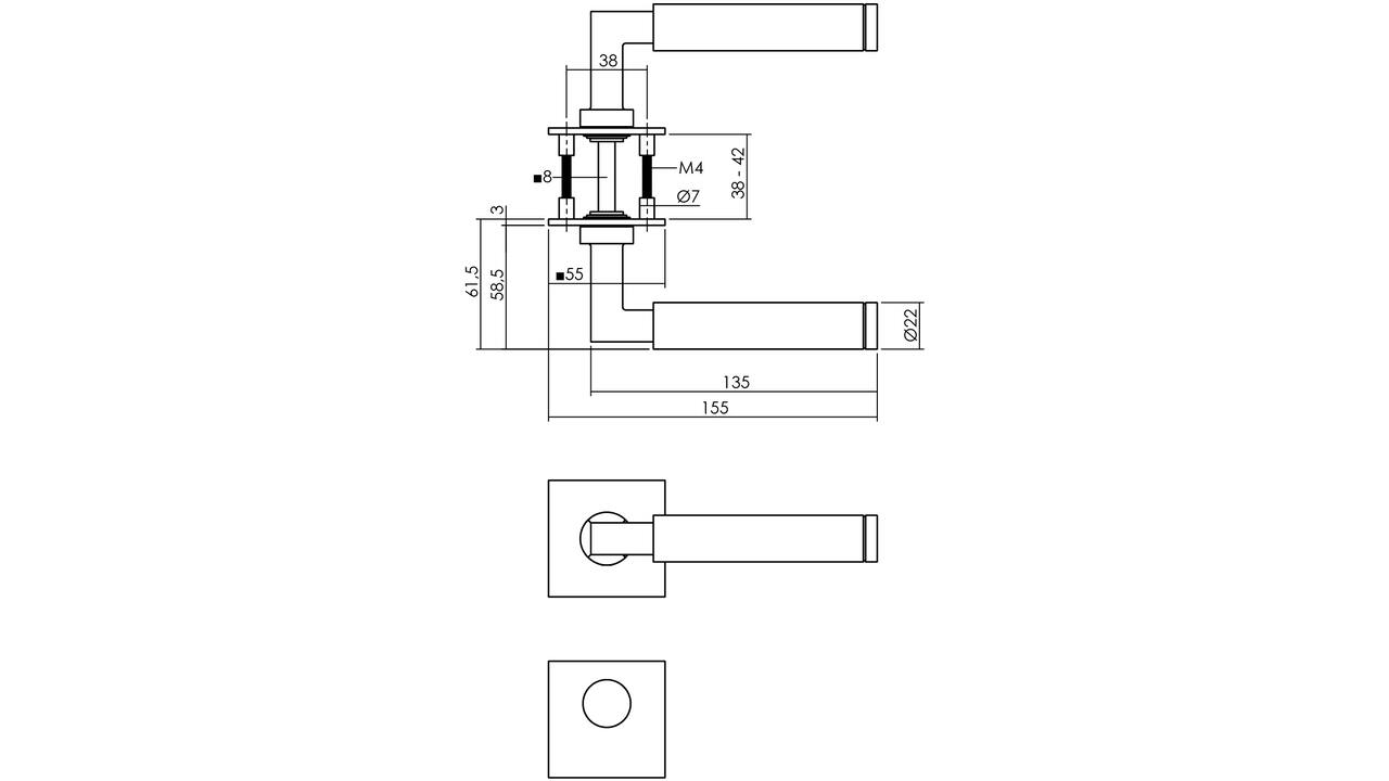 Deurkruk Baustil op rozet verdekt met magneet 55x55x3mm met nokken en rondcilinderrozetten rvs
