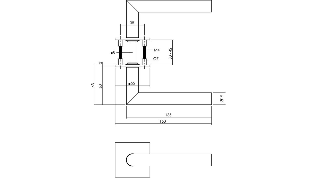 Deurkruk Jura op rozet verdekt met magneet 55x55x3mm met nokken rvs