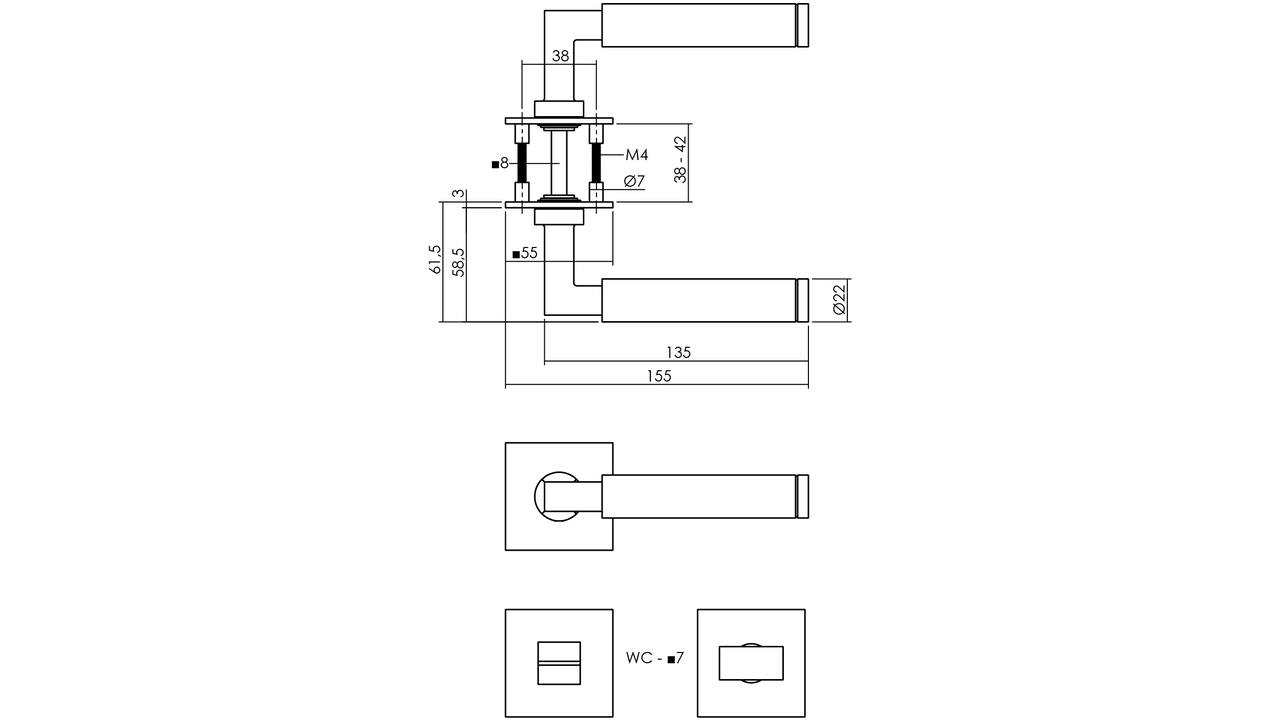 Deurkruk Jura op rozet verdekt met magneet 55x55x3mm met nokken en WC-sluiting met stift 7x7mm rvs