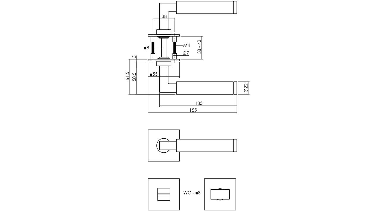 Deurkruk Jura op rozet verdekt met magneet 55x55x3mm met nokken en WC-sluiting met stift 8x8mm rvs