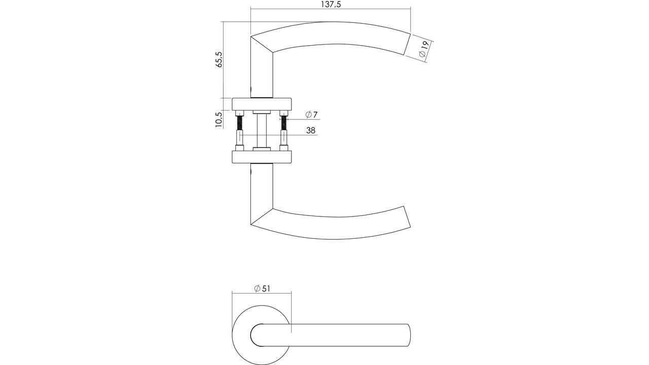 Deurkruk Half rond/90° met rozet verdekt ATP ø51x10mm met nokken en cilinderrozetten rvs