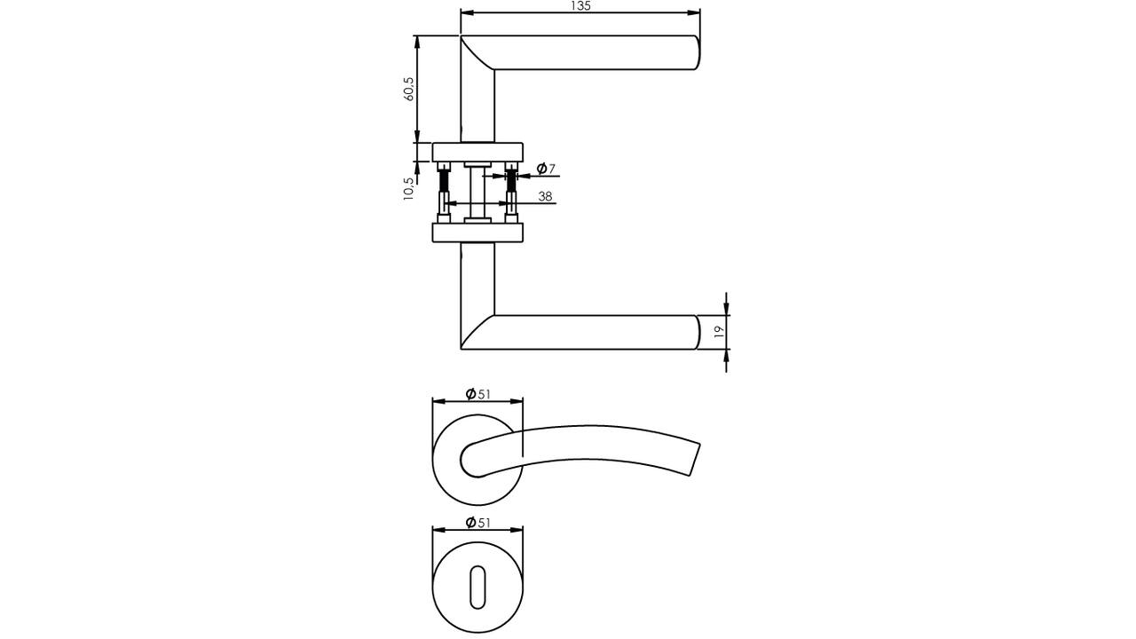 Deurkruk Lisa/90° met rozet verdekt ATP ø51x10mm met nokken en sleutelrozetten rvs