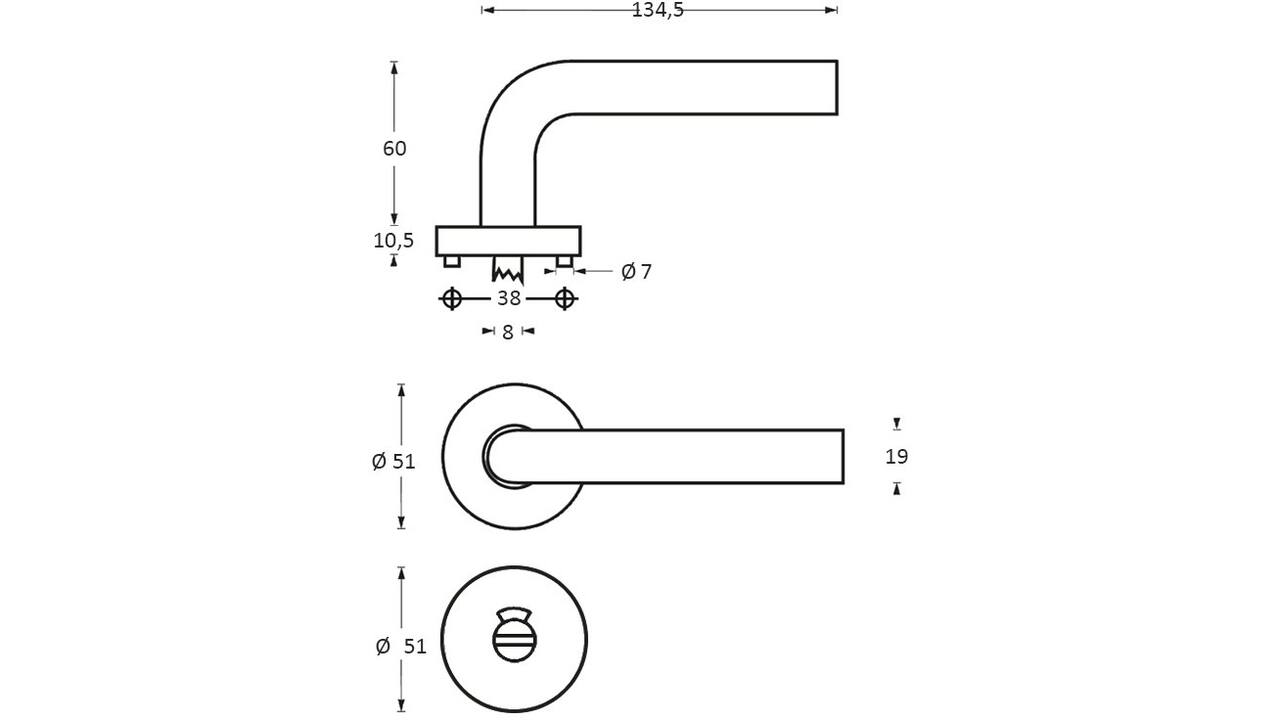 Deurkruk Lisa/90° met rozet verdekt ATP ø51x10mm met nokken en WC-sluiting met stift 8x8mm rvs