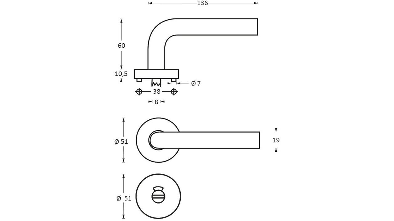 Deurkruk Rond met rozet verdekt ATP ø51x10mm met nokken en WC-sluiting met stift 8x8mm rvs