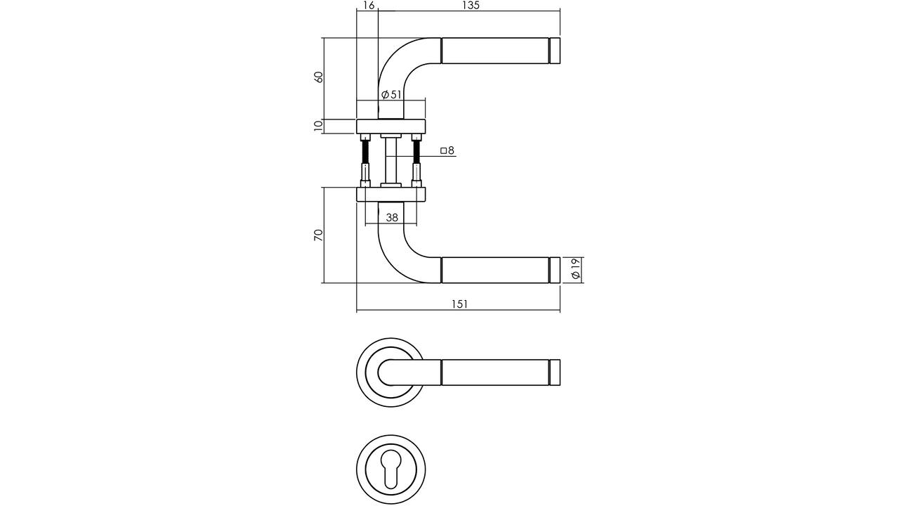Deurkruk Agatha met rozet verdekt ATP ø51x10mm met nokken en cilinderrozetten rvs