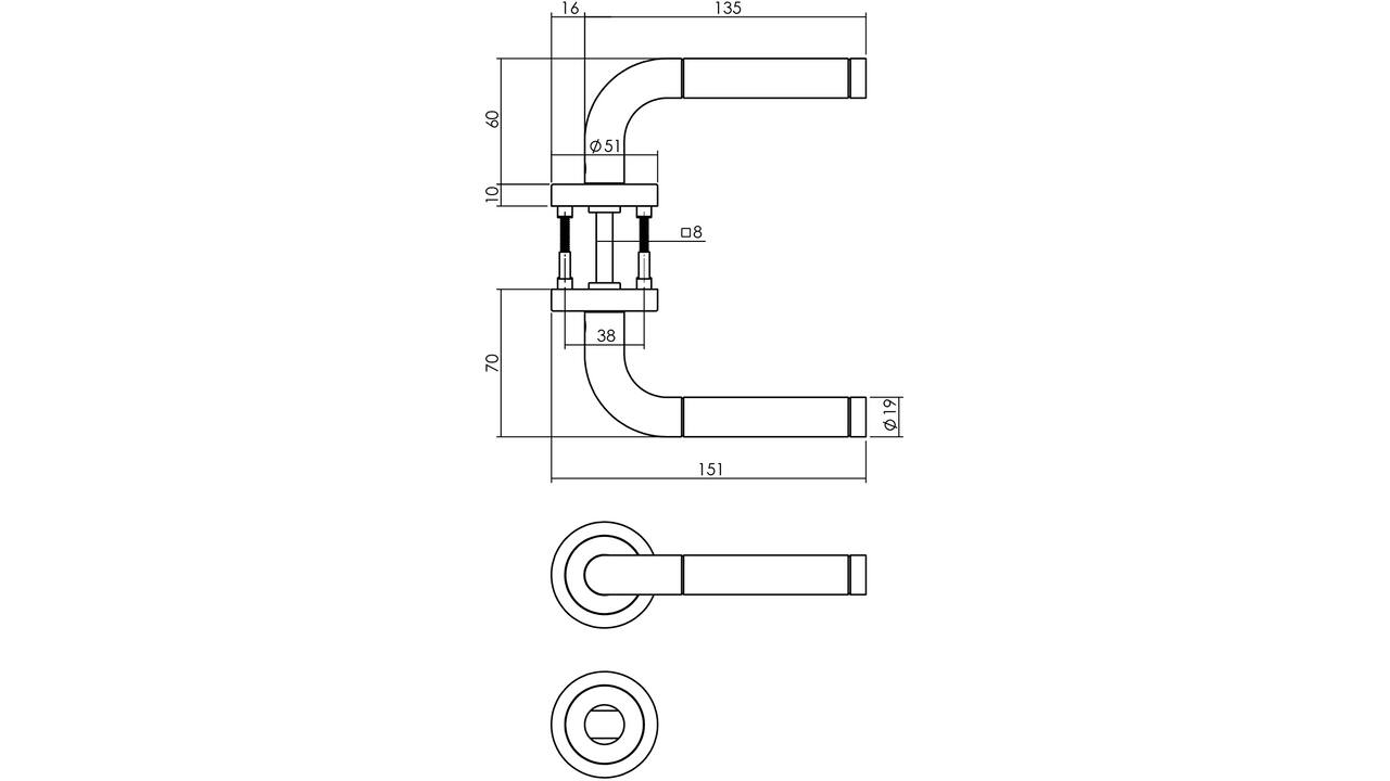 Deurkruk Agatha met rozet verdekt ATP ø51x10mm met nokken en WC-sluiting met stift 8x8mm rvs
