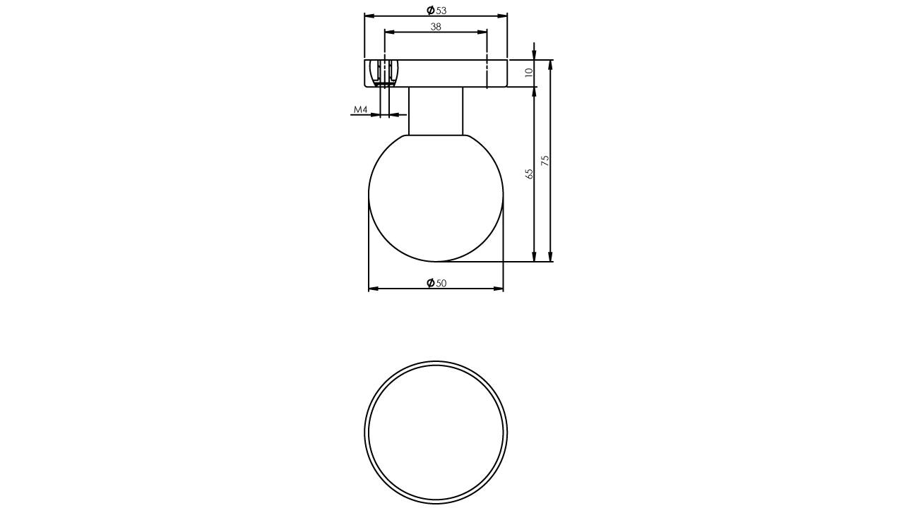 Knoprozet verdekt ø53x10mm met nokken en vaste knop bol rvs