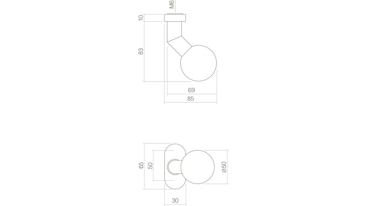 Knoprozet verdekt ovaal 65x30x5mm met vaste knop bol/schuin rvs