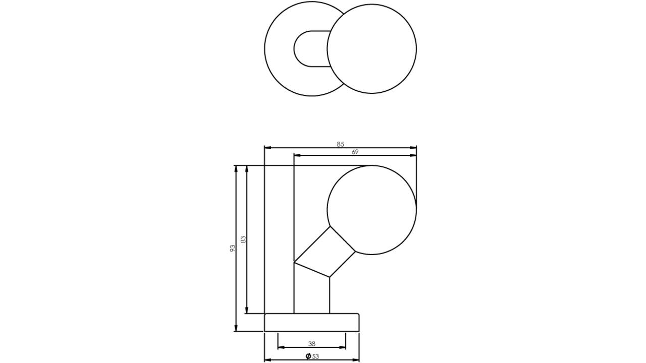 Knoprozet verdekt ø53x10mm met nokken en vaste knop bol/schuin rvs
