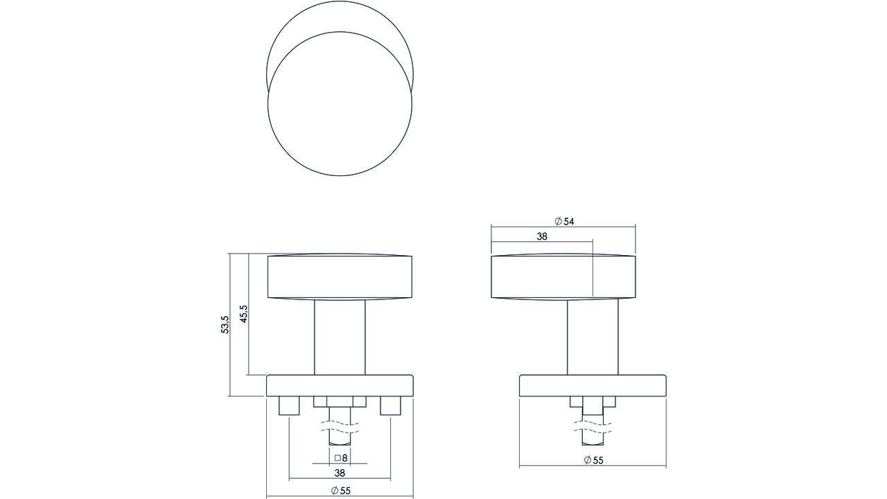Knoprozet verdekt ø55x8mm met nokken en vaste knop plat excentrisch met wisselstift rvs