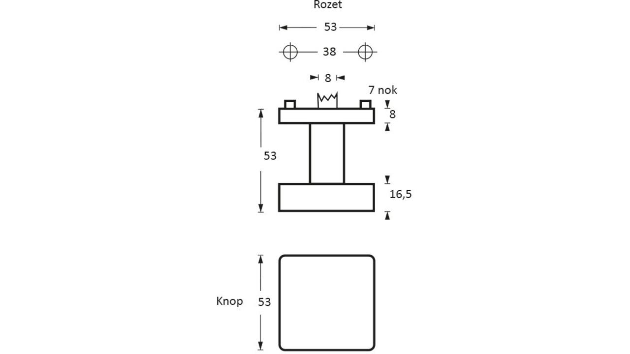 Knoprozet verdekt 53x53x8mm met nokken en vaste knop vierkant met wisselstift rvs
