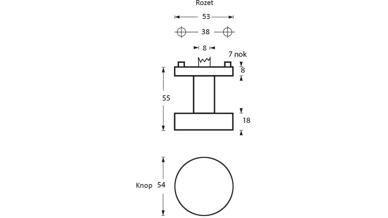 Knoprozet verdekt ø53x8mm met nokken en vaste knop plat excentrisch met wisselstift rvs