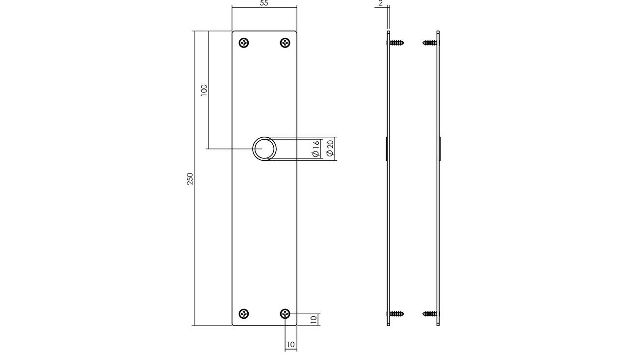 Schilden rechthoekig 250x55x2mm blind rvs