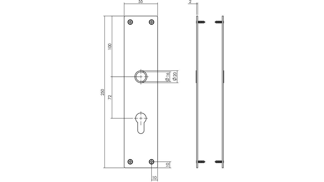 Schilden rechthoekig 250x55x2mm profielcilindergat 72mm rvs