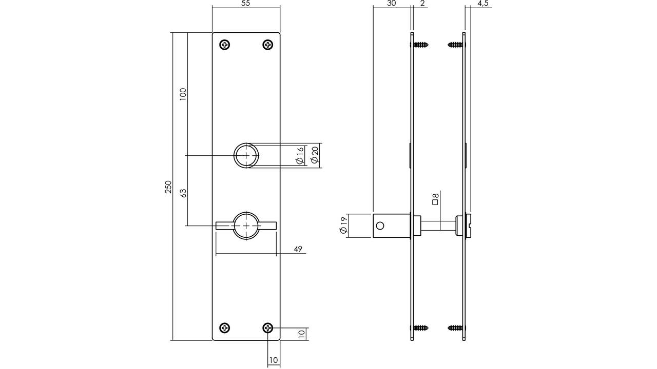 Schilden rechthoekig 250x55x2mm wc 63/8mm rvs