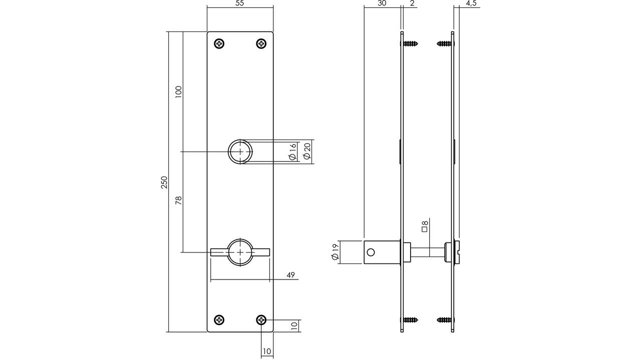 Schilden rechthoekig 250x55x2mm wc 78/8mm rvs