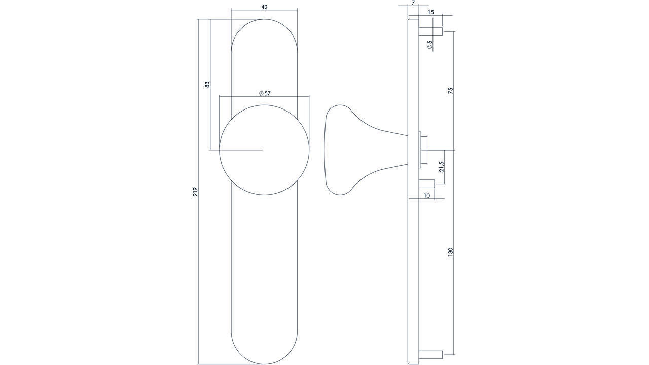 Knopschild ovaal verdekt 220x42x8mm met nokken en vaste knop paddenstoel blind rvs