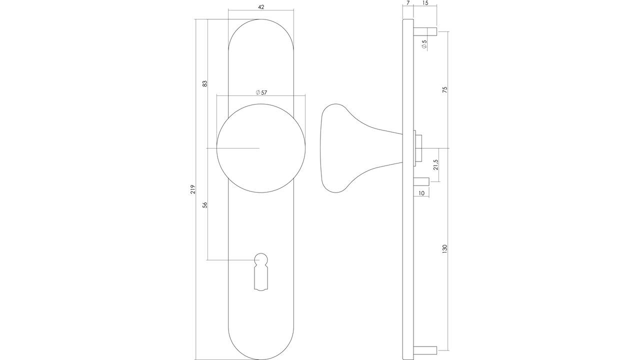 Knopschild ovaal verdekt 220x42x8mm met nokken en vaste knop paddenstoel sleutelgat 56mm rvs