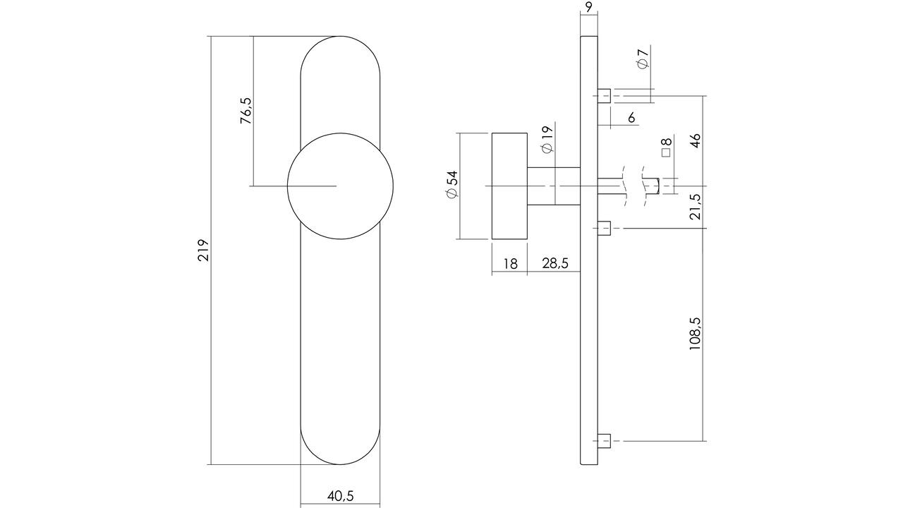 Knopschild ovaal verdekt 219x41x8mm met nokken en vaste knop plat blind rvs