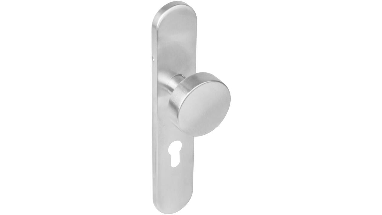 Knopschild ovaal verdekt 219x41x8mm met nokken en vaste knop plat profielcilindergat 55mm rvs
