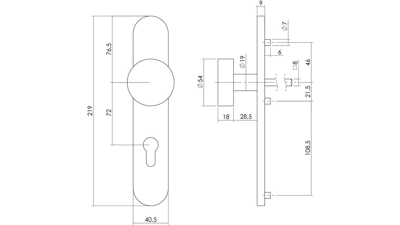 Knopschild ovaal verdekt 219x41x8mm met nokken en vaste knop plat profielcilindergat 72mm rvs
