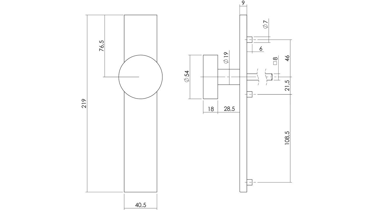 Knopschild rechthoekig verdekt 219x41x8mm met nokken en vaste knop plat blind rvs