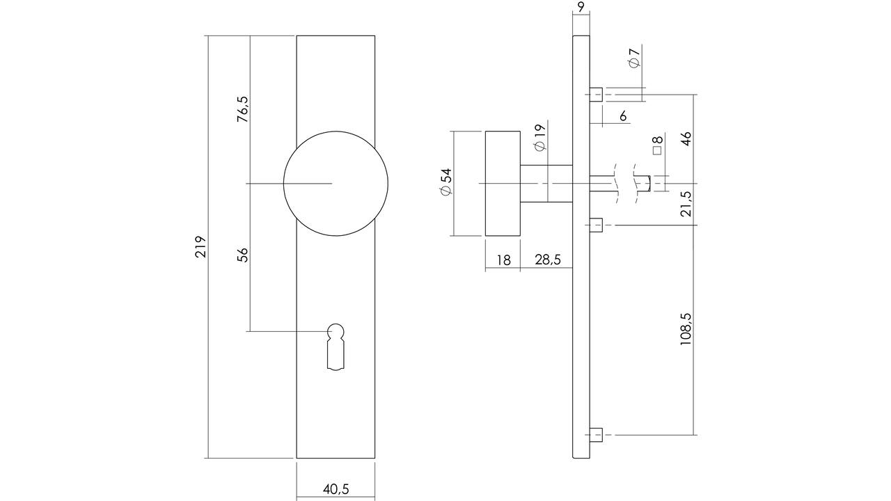 Knopschild rechthoekig verdekt 219x41x8mm met nokken en vaste knop plat sleutelgat 56mm rvs