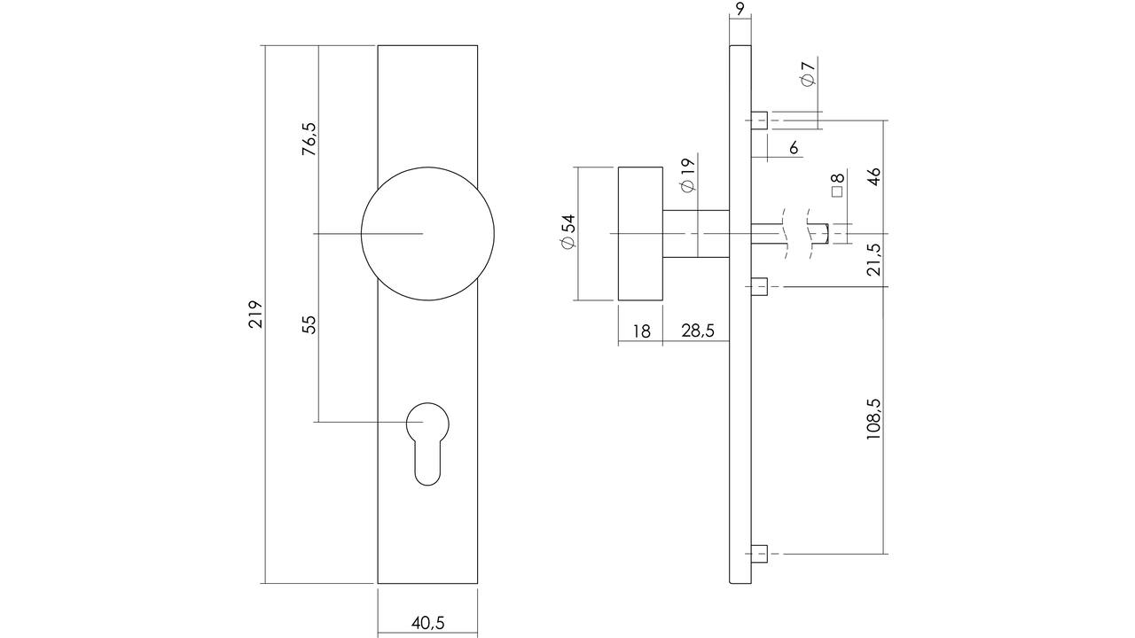 Knopschild rechthoekig verdekt 219x41x8mm met nokken en vaste knop plat profielcilindergat 55mm rvs
