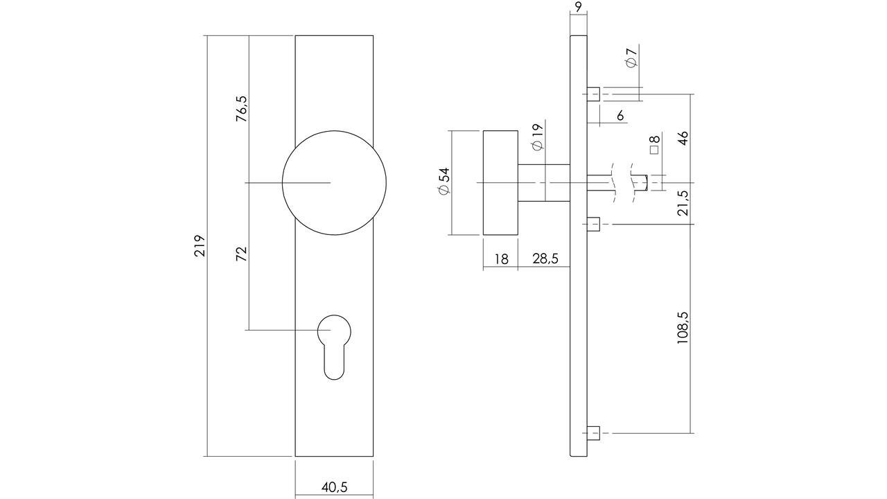 Knopschild rechthoekig verdekt 219x41x8mm met nokken en vaste knop plat profielcilindergat 72mm rvs