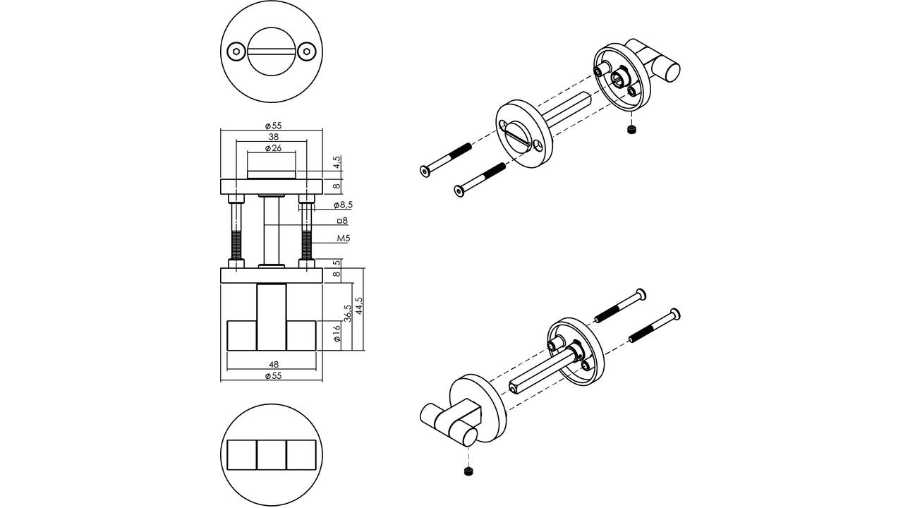 WC-sluiting éénzijdig verdekt ø55x8mm met stift 8x8mm, knop op verdekte rozet rvs
