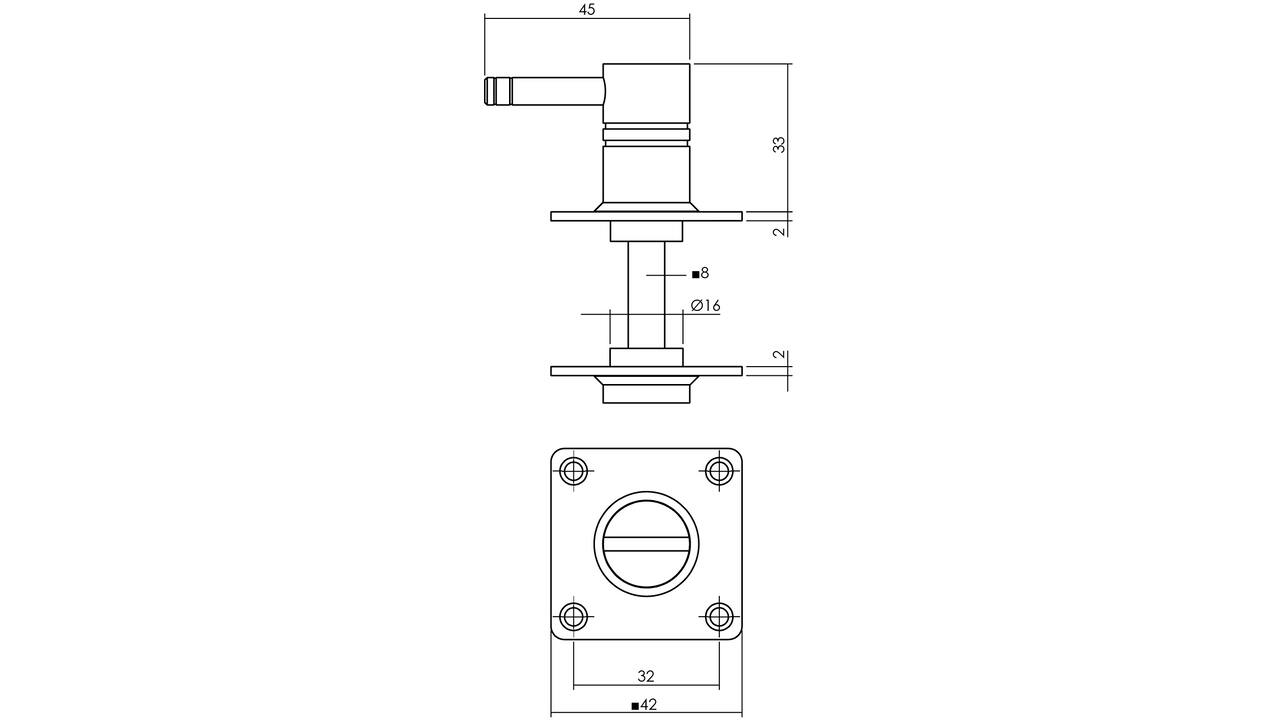 WC-sluiting 42x42x2mm met stift 8x8mm rvs