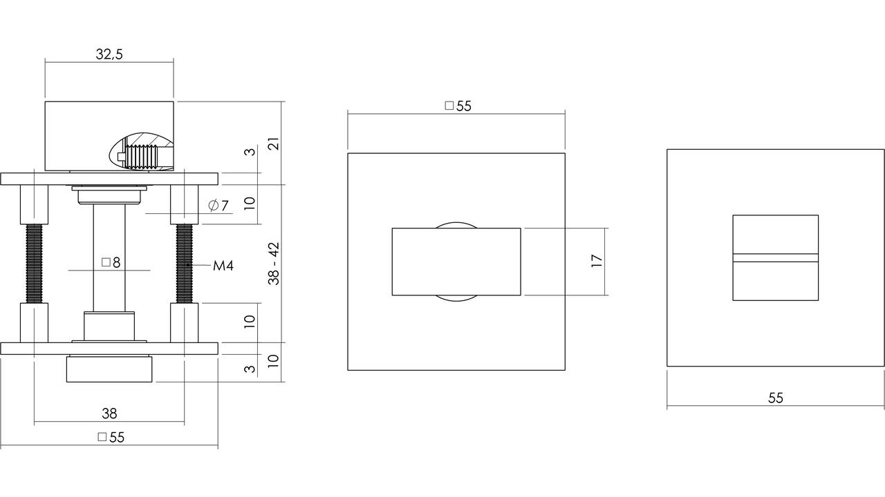 WC-sluiting verdekt met magneet 55x55x3mm met nokken en stift 8x8mm rvs