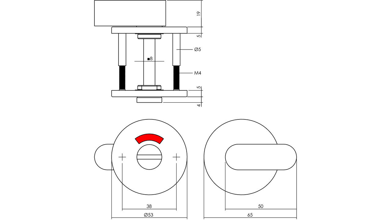 WC-sluiting verdekt ø53x5mm met comfortknop en stift 8x8mm rvs
