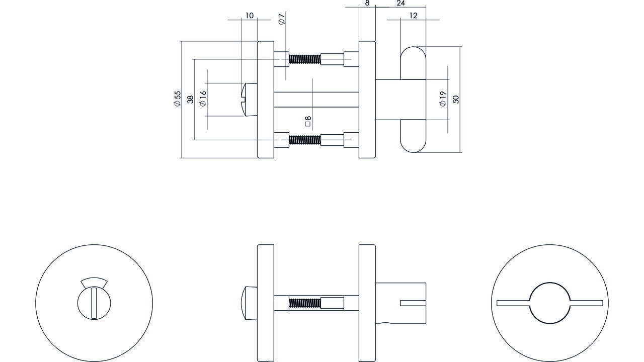 WC-sluiting verdekt ø55x8mm met nokken en stift 8x8mm rvs circulair geborsteld